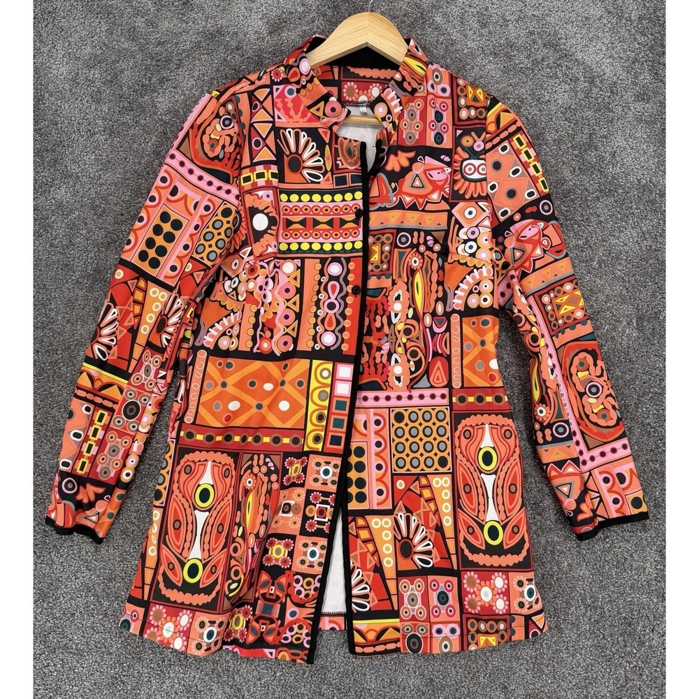 Retro 70s Style Patchwork Tapestry Coat Jacket Orange Boho Statement Small